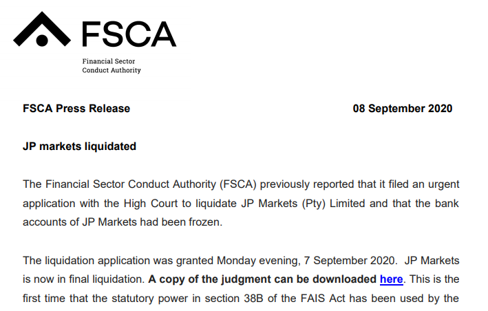 FSCA JP Markets Liquidation