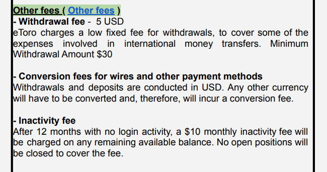 eToro Withdrawal fees