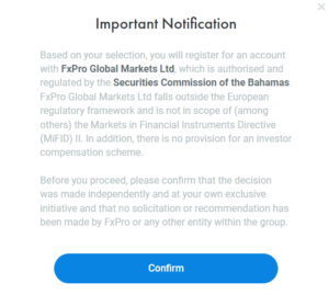FxPro Sign Up Notice
